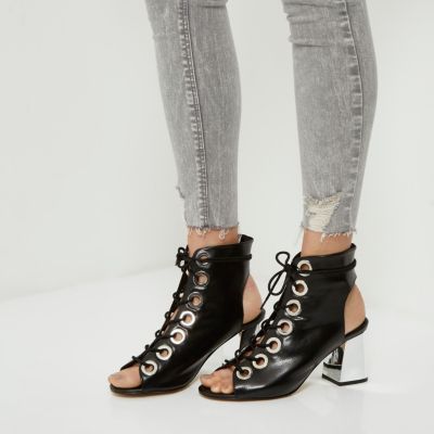 Black metallic heel lace up shoe boots